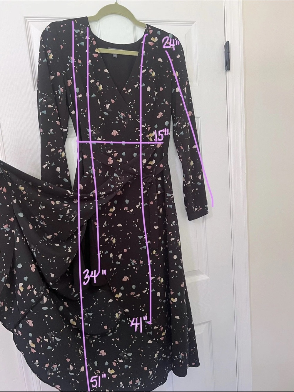 Madison Black Multi color Abstract Chiffon Long-Sleeve Wrap Midi Dress - Picture 5 of 5